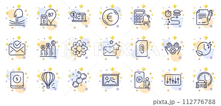 Outline set of Calculator alarm, Air balloon and Charging time line icons for web app. Include Execute, Food delivery, Favorite pictogram icons. Diesel station, Dj controller. Vector Outline set of Calculator alarm, Air balloon and Charging time line icons for web app. Include Execute, Food delivery, Favorite pictogram icons. Diesel station, Dj controller. Vector 112776788