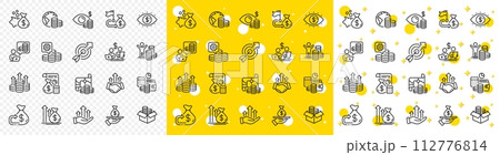 Accounting coins, Budget Investment, Trade Strategy icons. Finance line icons. Finance management, Budget gain and Business asset. Money economy, Loan in dollars and Treasure map. Vector 112776814