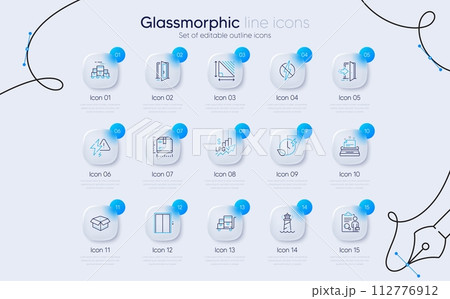 Set of Open box, Inspect and Typewriter line icons for web app. Lift, Open door, Triangle area icons. Lighthouse, Rise price, Boxes pallet signs. Entrance, Lightning bolt, Package size. Vector 112776912