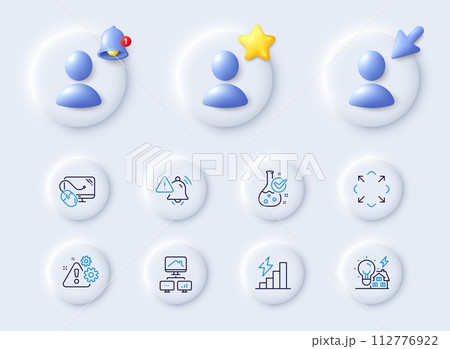 Consumption growth, Computer mouse and Attention bell line icons. Placeholder with 3d cursor, bell, star. Pack of Warning, Maximize, Chemistry lab icon. Work home, Building energy pictogram. Vector Consumption growth, Computer mouse and Attention bell line icons. Placeholder with 3d cursor, bell, star. Pack of Warning, Maximize, Chemistry lab icon. Work home, Building energy pictogram. Vector 112776922