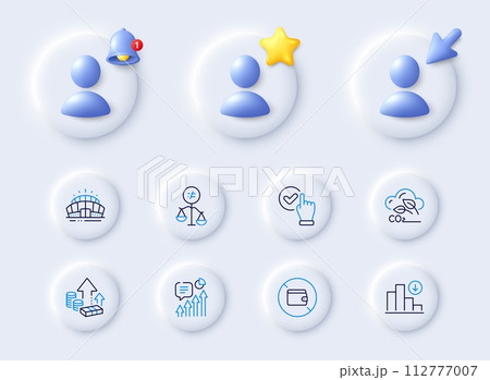 Arena stadium, Co2 gas and Kpi line icons. Placeholder with 3d cursor, bell, star. Pack of Wallet, Checkbox, Discrimination icon. Decreasing graph, Inflation pictogram. For web app, printing. Vector 112777007
