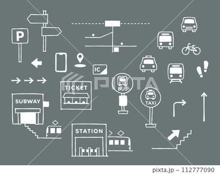電車やバスの交通案内のシンプルなイラストとアイコン 電車やバスの交通案内のシンプルなイラストとアイコン 112777090