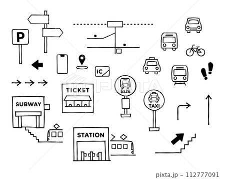 電車やバスの交通案内のシンプルなイラストとアイコン 112777091