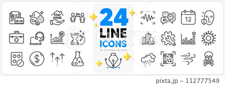 Icons set of Windy weather, Customisation and Chemistry lab line icons pack for app with Cobalt mineral, Qr code, Annual calendar thin outline icon. Rainy weather, Time management. Vector 112777549