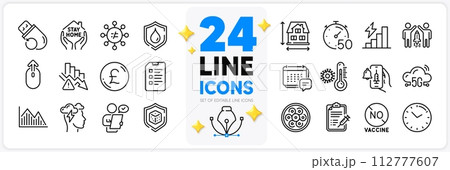 Icons set of Mindfulness stress, Timer and Discrimination line icons pack for app with Message, Deflation, Consumption growth thin outline icon. No vaccine, Waterproof, Checklist pictogram. Vector 112777607
