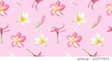 Watercolor frangipani seamless pattern. Hand drawn illustration. Plumeria or Temple tree flower. For textile, wallpaper, cosmetics design. 112777675