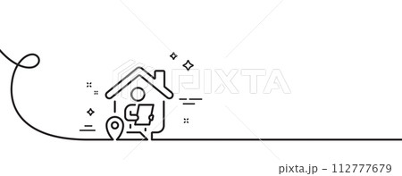 Work at home line icon. Continuous one line with curl. Freelance job sign. Remote office employee symbol. Work home single outline ribbon. Loop curve pattern. Vector Work at home line icon. Continuous one line with curl. Freelance job sign. Remote office employee symbol. Work home single outline ribbon. Loop curve pattern. Vector 112777679