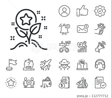 Bonus grows. Salaryman, gender equality and alert bell outline icons. Loyalty points line icon. Discount program symbol. Loyalty points line sign. Spy or profile placeholder icon. Vector 112777712