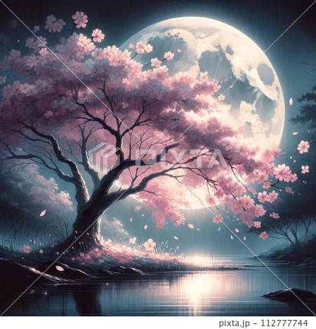 月明かりの下にある桜の木のイラスト 112777744