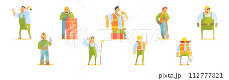 Funny Man Builder Character Work at Construction Site Vector Set Funny Man Builder Character Work at Construction Site Vector Set 112777821