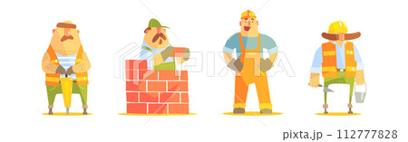 Funny Man Builder Character Work at Construction Site Vector Set Funny Man Builder Character Work at Construction Site Vector Set 112777828
