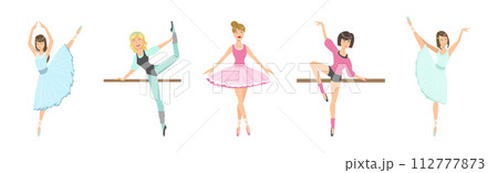 Beautiful Woman Ballerina Character with Slim Body in Pointe Shoes Do Pirouette Vector Set 112777873