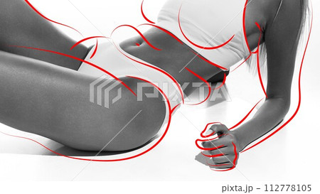 Close-up of woman in underwear with red outlines focusing on leg muscles. Wellness and exercise benefits for weight loss 112778105