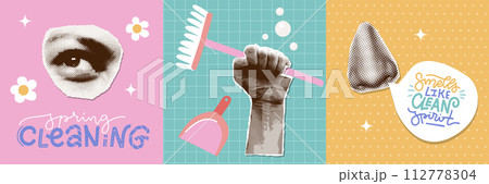 Trendy vintage halftone collage covers set for Spring Cleaning concept. Hand holding broom , nose and eye with funny quote. Spring cleaning square banners collection. Vector illustration Trendy vintage halftone collage covers set for Spring Cleaning concept. Hand holding broom , nose and eye with funny quote. Spring cleaning square banners collection. Vector illustration 112778304