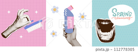 Spring cleaning halftone collage square banners set. Hands and mouth torn out paper stickers flat vector illustration. Hands holding a cleaning equipment. Funny lettering text. 112778305