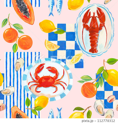 Beautiful seamless Summer Vacation Seamless pattern. Greek pattern with sardines, lemon, oysters, mussels, papaya, lobster and crab. Mediterranean bright print. Greek style. Beautiful seamless Summer Vacation Seamless pattern. Greek pattern with sardines, lemon, oysters, mussels, papaya, lobster and crab. Mediterranean bright print. Greek style. 112778312