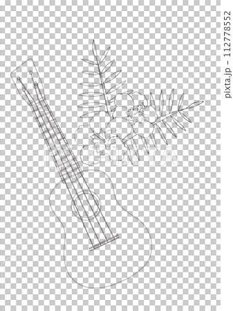 Hawaiian black and white line drawing illustration of flowers and ukulele 112778552