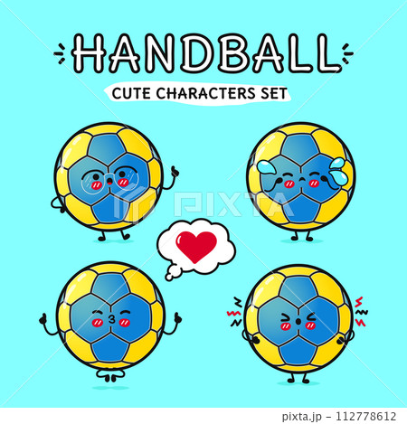 Funny cute happy Handball characters bundle set. Vector hand drawn doodle style cartoon character illustration icon design. Isolated on blue background. Handball ball mascot character collection 112778612