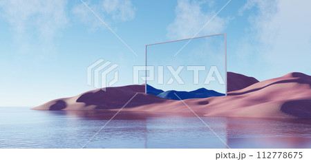 3d Render, Abstract Surreal pastel landscape background with architecture and geometric, beautiful gradient sky scene, lake with clam water, minimal concept. 3d Render, Abstract Surreal pastel landscape background with architecture and geometric, beautiful gradient sky scene, lake with clam water, minimal concept. 112778675