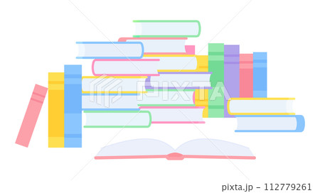 読みかけの開いた本と積まれた本のイラスト_フラット 112779261