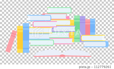 読みかけの開いた本と積まれた本のイラスト_フラット 112779261
