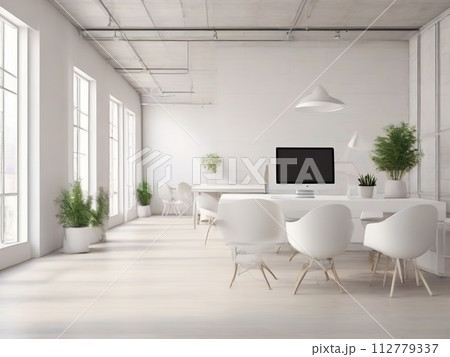 Modern office with white walls, wooden floor and rows of white computer tables with white chairs. Modern office with white walls, wooden floor and rows of white computer tables with white chairs. 112779337