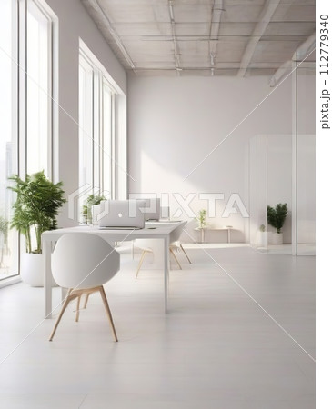 Interior of modern office with white walls, tiled floor, white computer table and chairs. 112779340
