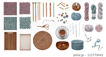 A watercolor knitting set with seamless yarn textures:frayed and facing skeins of yarn,wooden needles and hooks,accessories,baskets for knitting and storing little things,and a cup of coffee. 112779442
