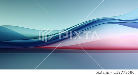 シックな抽象横長テンプレート。透明感のある緑・青・ピンクの波がある空間。AI生成画像 112779596