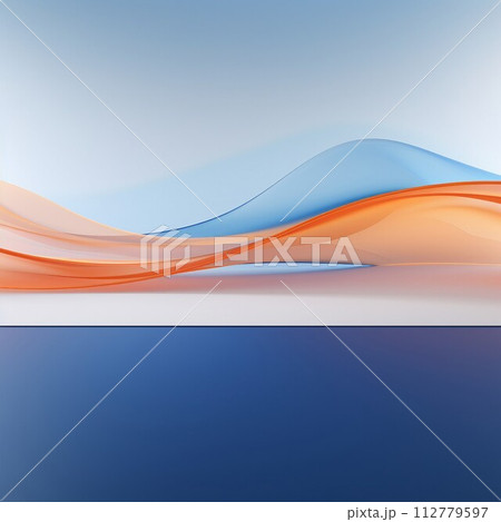 正方形抽象テンプレート。白と紺色の背景に透明感のある水色とオレンジの波がある空間。AI生成画像 112779597