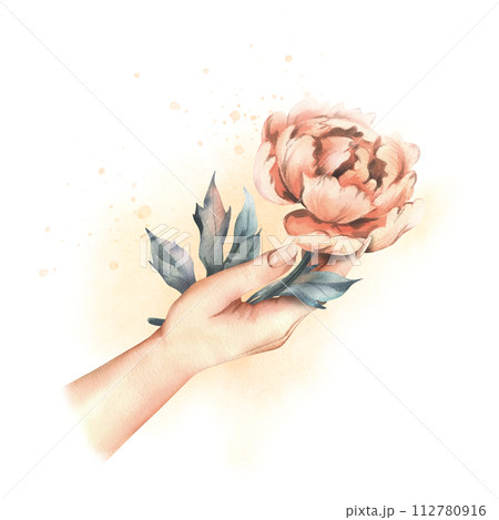 Beautiful peonies in peach fuzz color with leaves in female hands. Hand drawn watercolor illustration. Composition isolated from the background. 112780916