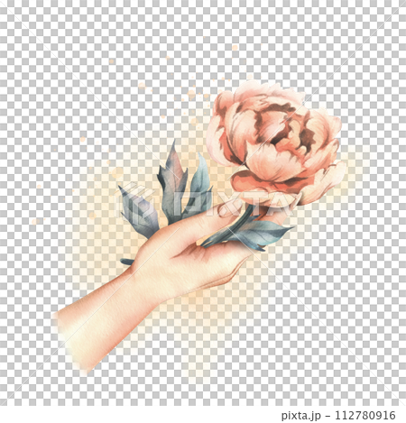 Beautiful peonies in peach fuzz color with leaves in female hands. Hand drawn watercolor illustration. Composition isolated from the background. 112780916