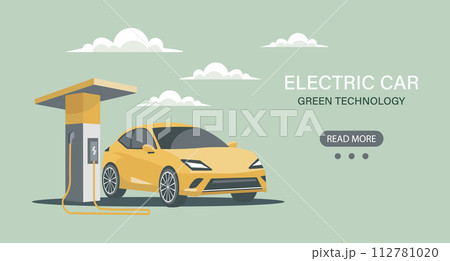 Modern electric car at a charging station. Green technology. Illustration, banner. Vector Modern electric car at a charging station. Green technology. Illustration, banner. Vector 112781020