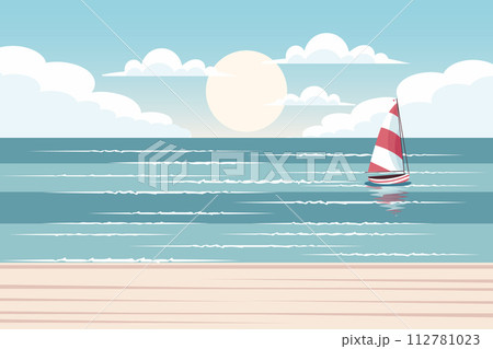 Seascape. Yacht at sea against the backdrop of a sea sunset. Summer illustration. Vector 112781023