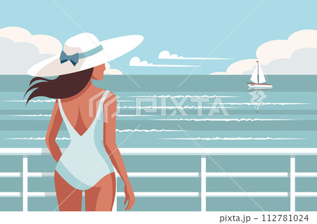 Seascape. Time relax. A young woman in a swimsuit on the beach against the backdrop of a seascape. Illustration. Vector	 112781024