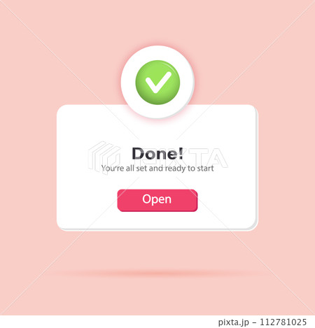 3d success tick. Popup page with notification 3d green tick. Social media, business or event planning. Vector 112781025