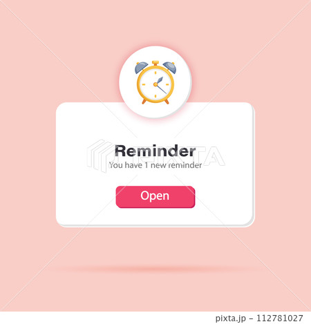 3d reminder. Popup page with reminder alarm clock. Social media, business or event planning. Vector 112781027