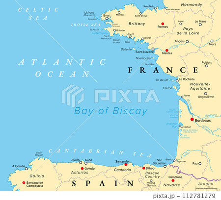 Bay of Biscay, also known as Gulf of Gascony, political map. Gulf of the northeast Atlantic Ocean, lying south of the Celtic Sea, along the western coast of France and the northern coast of Spain. Bay of Biscay, also known as Gulf of Gascony, political map. Gulf of the northeast Atlantic Ocean, lying south of the Celtic Sea, along the western coast of France and the northern coast of Spain. 112781279