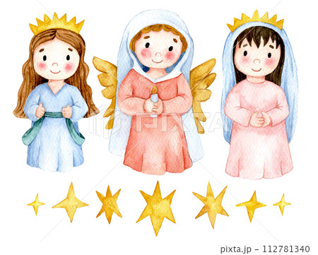 set of cute angels, christmas illustration for xmas. watercolor drawing set of cute angels, christmas illustration for xmas. watercolor drawing 112781340