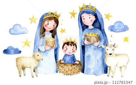 scene of the birth of Jesus Christ. manger and wise men, christmas illustration for children. watercolor drawing 112781347