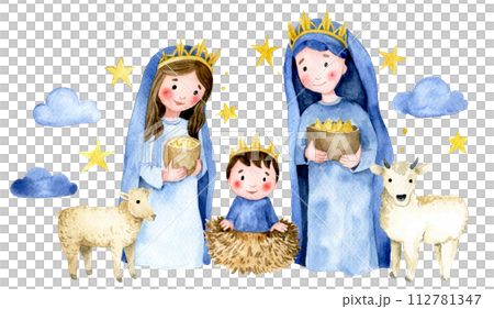 scene of the birth of Jesus Christ. manger and wise men, christmas illustration for children. watercolor drawing scene of the birth of Jesus Christ. manger and wise men, christmas illustration for children. watercolor drawing 112781347