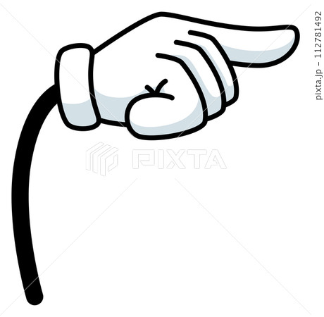 Pointing finger gesture. Comic hand in white gloves Pointing finger gesture. Comic hand in white gloves 112781492