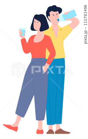 Man and woman drink water. Healthy lifestyle characters Man and woman drink water. Healthy lifestyle characters 112781496