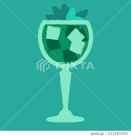 Blue cocktail with ice cubes, soda and gin tonic. Alcohol drink in stemware glass 112781703