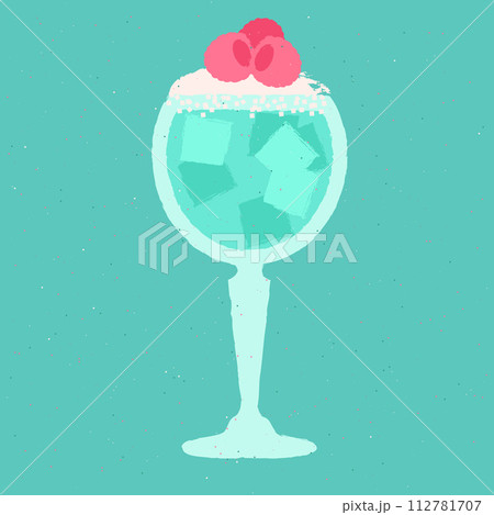 Blue cocktail with raspberries, cream, and ice cubes. Milkshake in stemware glass Blue cocktail with raspberries, cream, and ice cubes. Milkshake in stemware glass 112781707
