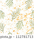 Seamless pattern with hand drawn watercolor mimosa leaves and splashes on white background. Spring botanical wallpaper for textile, print, wrapping paper 112781713