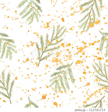 Seamless pattern with hand drawn watercolor mimosa leaves and splashes on white background. Spring botanical wallpaper for textile, print, wrapping paper 112781713