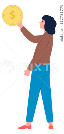 Woman hold big golden coin. Money spending 112781779