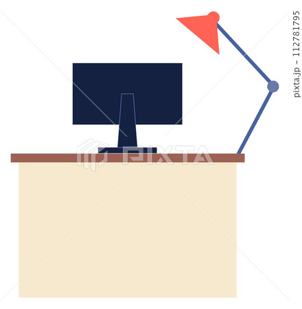 Workplace icon. Desk with laptop and table lamp Workplace icon. Desk with laptop and table lamp 112781795