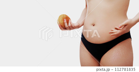 Overweight female body. Beautiful woman holding Overweight female body. Beautiful woman holding 112781835
